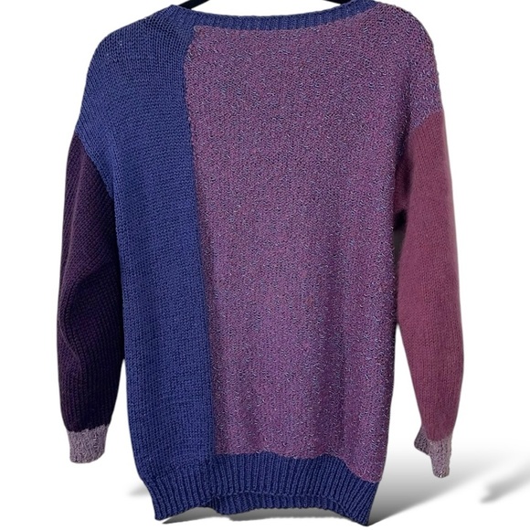 Vintage 70s 80s Hand Knit Purple Multi Media Sweater Size Medium 3D Nubby - Picture 3 of 7